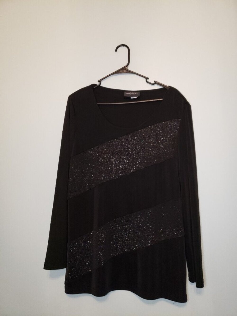 Vtg John Roberts Women 14 Blouse Long Sleeve Round Neck Black Sparkly Stripe USA